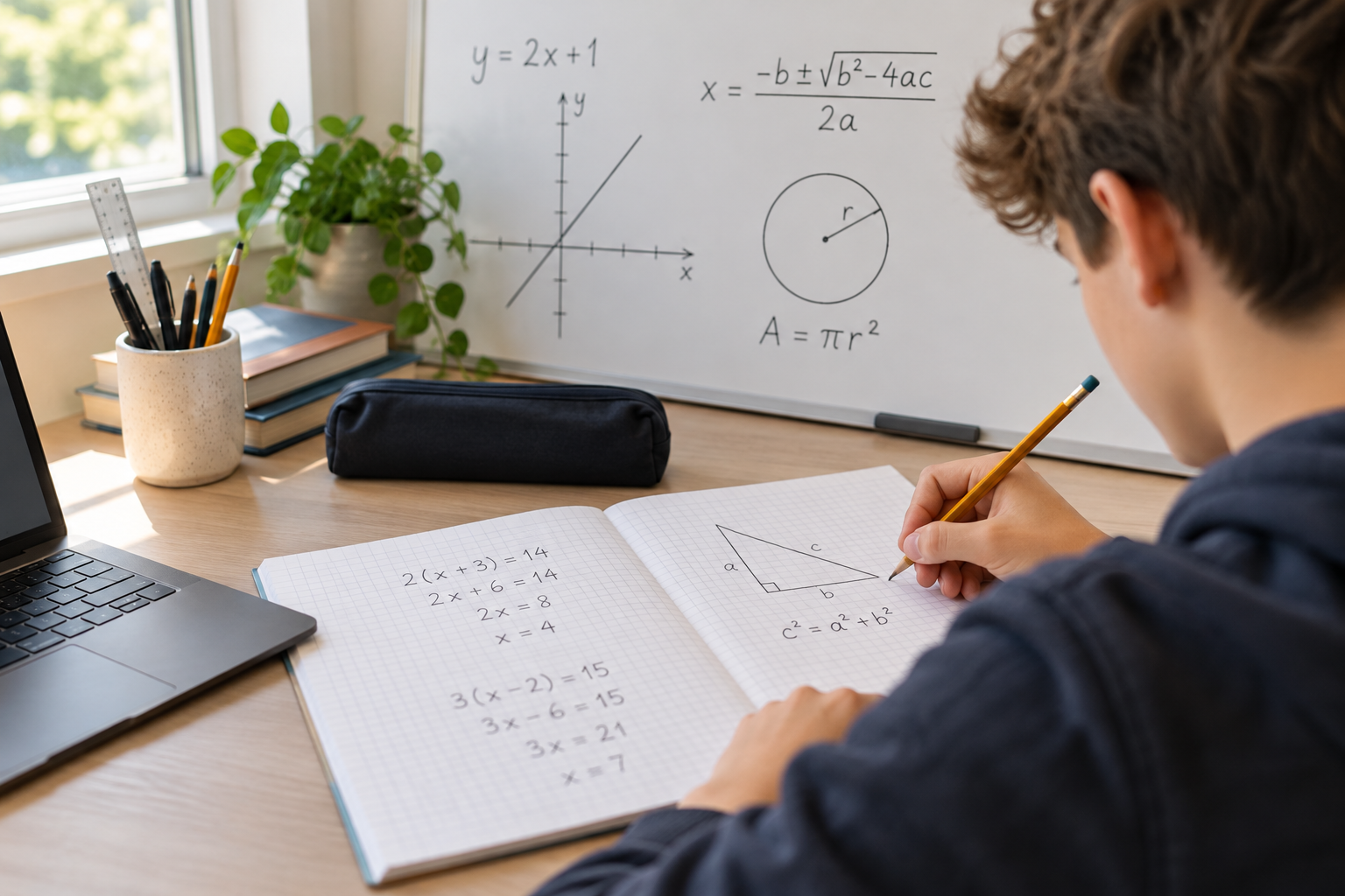 Student working through GCSE maths problems at a desk